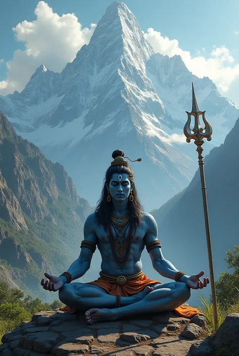 Please generate Mahadev picture, in meditation pose, with Himalaya mountains and trishul 