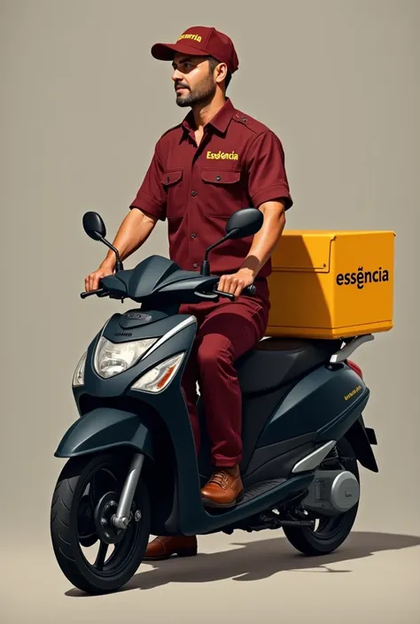 Designed for a bread deliveryman with a uniform burgundy color, With the name Essência with a yellow delivery box sitting on a black motorcycle