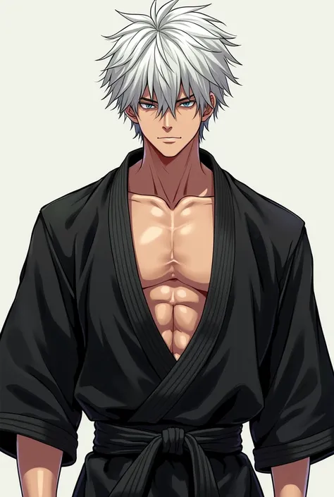 White haired anime boy in black karate gii, his gii ripped open revealing his sexy v line abs