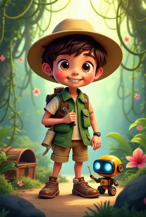 Create a playful and imaginative character design for a  boy named **Leo the Explorer**. He has short, messy brown hair, big curious eyes, and a mischievous smile. He wears a safari hat, a green explorer's vest with lots of pockets, khaki shorts, and sturd...