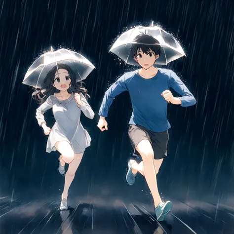 1boy, 1girl, running under the rain, simple scene