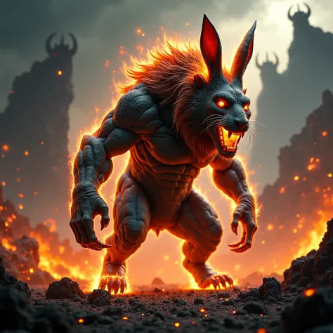 A monstrous hybrid of a lion and a rabbit, standing in a hellish landscape of molten lava and burning ashes. The creature has the muscular body of a beast, covered in dark, rugged fur, but its head is a fusion of a lion’s fierce muzzle and a rabbit’s long ...