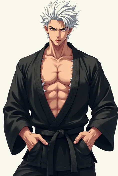 White haired anime boy in black karate gii, his gii ripped open revealing his sexy v line abs and stomach