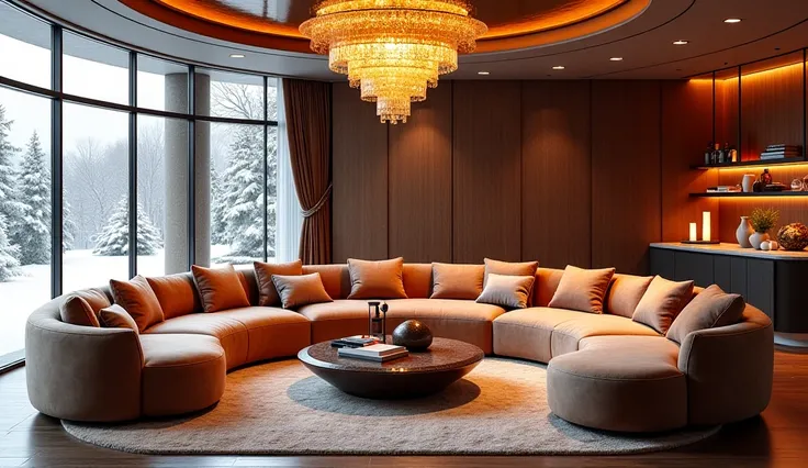 A luxurious and cozy living room in the middle of winter, featuring a semi-circular sofa covered 