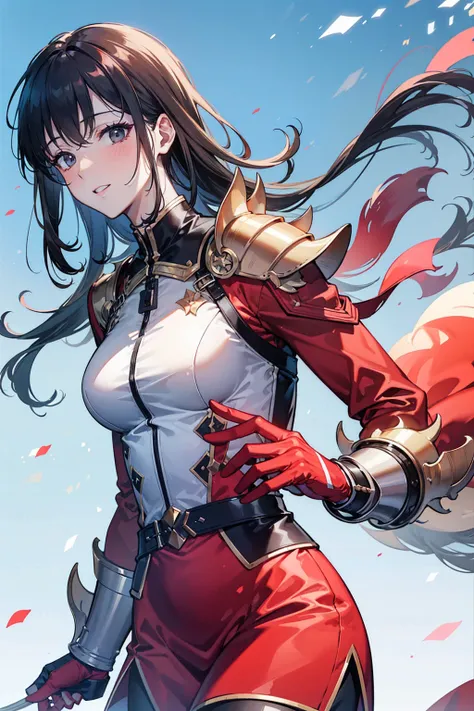 chae, 1girl, cha hae-in solo leveling, looking at viewer, full, red dress, red costume, long hair, bblack hair, black eyes, bangs, parted lips, sky, artist name, armor, shoulder armor, epaulettes, masterpiece, anime, blue sky, accurate, high quality, magic...