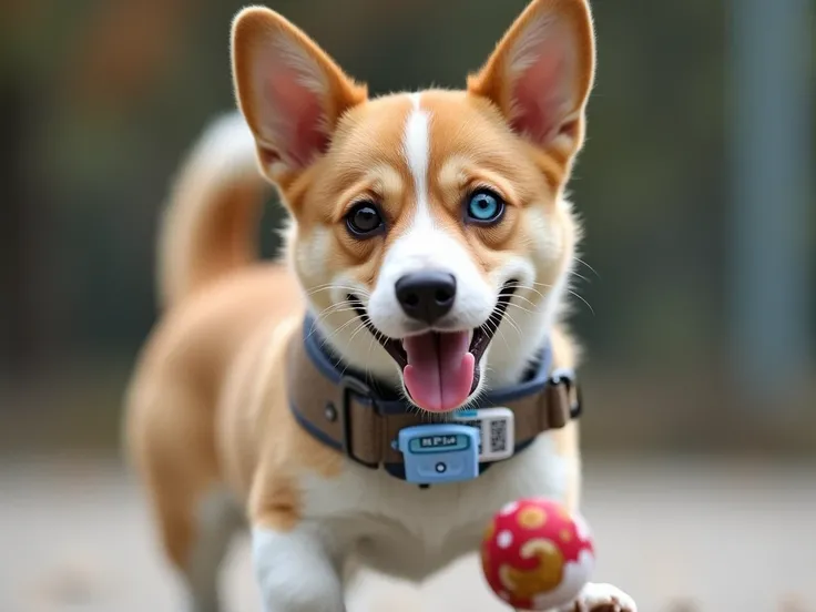 AI dog same as Corgi dog. The left eye is blue, and the right one is reddish-brown can display the hologram from the eye and work like an AI camera. Wears a dog collar with GPS and a QR code. playing a ball.