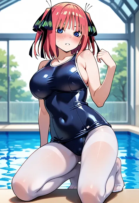 1girl, large breasts, blush,, school swimsuit, pantyhose, Seductive Poses, shameless pose, Nakano Nino, In the pool background