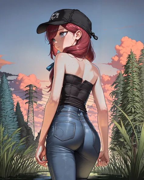 score_9, score_8_up, score_7_up, 1girl, solo, close up, back view, ass, walking under willow trees, low twin tails, gray eyes, dark red hair,  (((long swept bangs))), thin, close up, small breasts, (((strapless))), ((strapless loose sleeveless shirt, black...