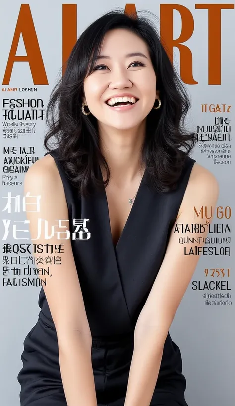 A high-fashion magazine cover featuring a close-up, upper-body shot of a beautiful Japanese female model with an enhanced bust size, confidently posing with elegance. Her sharp yet graceful facial features are highlighted, and she wears a stylish, modern o...