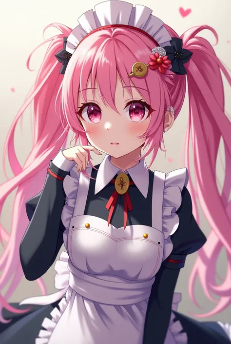 my hero academy, long pink hair, circle on the forehead, two pigtails with loose hair,a flower brooch on the side of the head,ojos rosados,with a maid costume, full body 