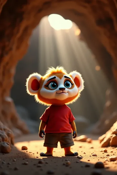 "The Pixar cartoon style baby panda with its fluffy mane, big blue eyes, red t-shirt, and blue shorts stands alone inside the cave. The cave is now calm, with light trickling in from the entrance. The baby panda looks around, confused but relieved, wonderi...