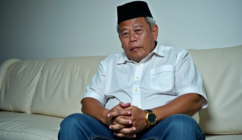 professional photo, photography, man from Indonesia, 50 years old, short hair, wearing a typical Indonesian black peci, gloomy (sad) facial expression, slightly fat body, wearing a white short-sleeved button-up shirt, blue denim pants, gold watch on his le...