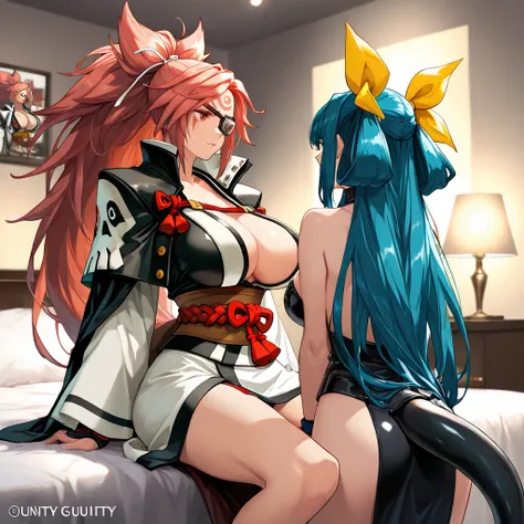 (​masterpiece, top-quality, hight resolution, Unity 8k, extremely details CG:1,Best Picture), 2girls, Baiken and Dizzy, Baiken - Guilty Gear,  Dizzy guilty gear, red eyes, blue hair, long hair, hair ribbon, tail, hotel room, Reliable Misses