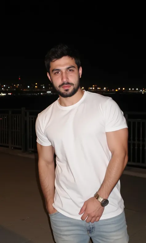 a random amateur photo of a very handsome turkish guy with dark short hair and a goatee beard long he wearing a white tshirt and a light loose jeans he have big muscles and location is turkiye istanbul amateur picture its night 