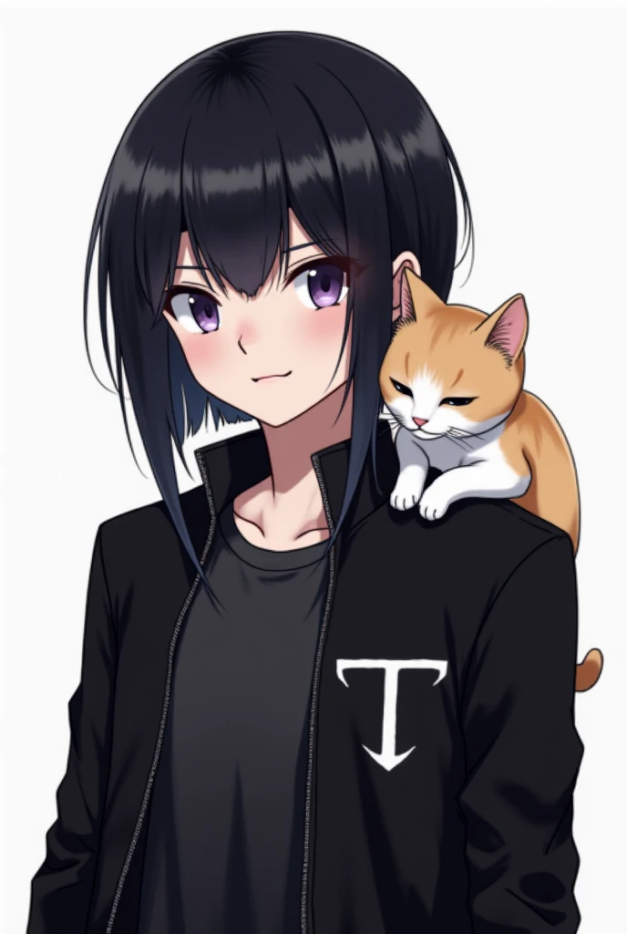 A young anime version with a nose piercing, straight black hair,with a watchman posture and a cat on your shoulder, wearing a black jacket with a T symbol.k