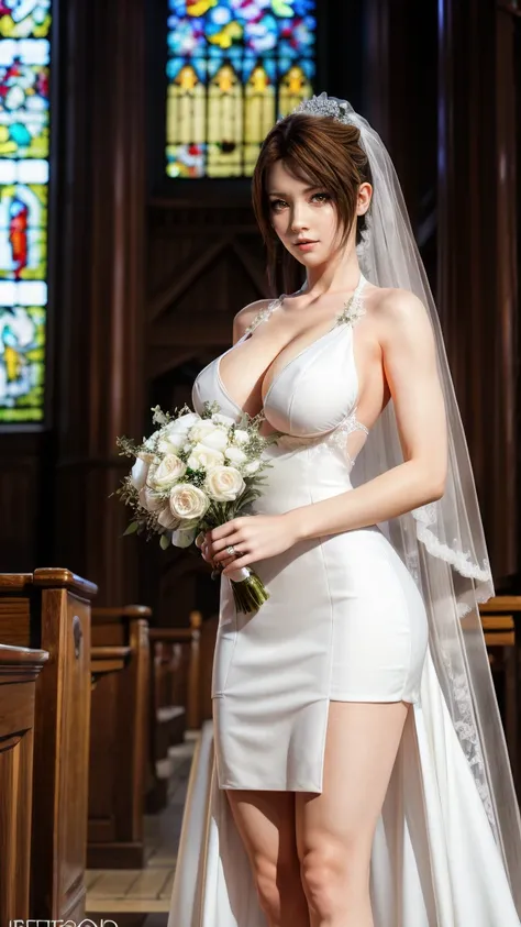 A beautiful young Japanese woman, 26 years old, with healthy thighs, beautiful legs, flawless skin, random hair color and style, large breasts, wearing a (wedding dress:1.3), (she is standing:1.2), full body shot, high heels, holding a bouquet in her hands...