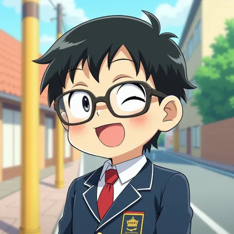 Anime-style Dekisugi from Doraemon, cheerful and intelligent, wearing glasses and a school uniform, vibrant colors, clean lines, classic Doraemon aesthetic.\