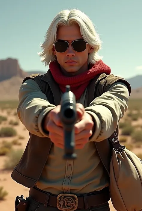 Brawl Stars character Bal, Young man wearing sunglasses with long white hair, Both hands are holding a gun and sack.  image of a western gunman wearing a red muffler, Realistic image high quality 