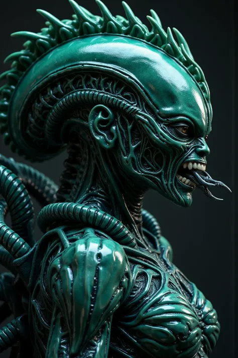 "  close-up portrait of a fierce and commanding alien alien . Her high ,   statue ， The angular face is covered with emerald-like strands of hair or braided appendages surrounding her hair {x} wearing intricate design armor made of glittering alien metals ...