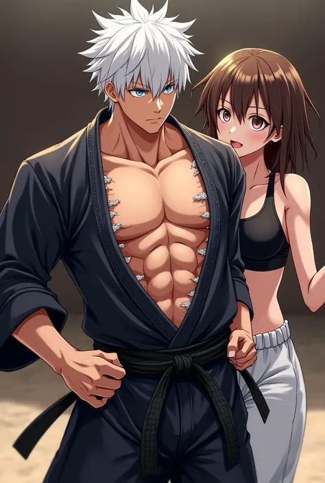 White haired anime boy in black karate gii, his gii ripped open by brown haired girl in black bra and white karate pants revealing his sexy v line abs