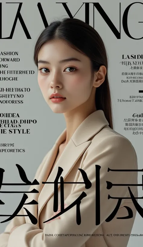 A high-fashion magazine cover featuring a close-up, upper-body shot of a beautiful Japanese female model with an enhanced bust size, confidently posing with elegance. Her sharp yet graceful facial features are highlighted, and she wears a stylish, modern o...