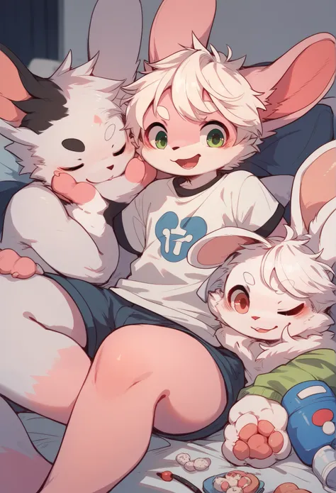 Bunny Boy， Furry Boy， toddlers，Rabbits have long ears，White hair，pink skin ，Boy