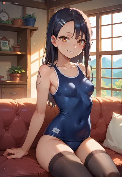 1girl, Hayase Nagatoro, sitting on a couch, school swimsuit, thigh highs, naturally sagging small breasts, sexy pose, lustful, BREAK, night time, mountain cottage, cinematic lighting,