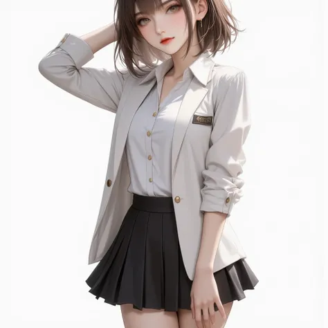 20 year old woman with cute appearance, short hair, black bangs, black eyes, light makeup, wearing an international school dress, a suit, a black petal skirt, her skin is white-yellow, white, white background