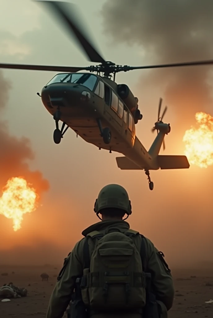 Helicopter Going Down (Action-Packed)

A Black Hawk helicopter crashing mid-air, smoke trailing behind, as it descends into chaos.

Foreground: A soldier looking up in shock (back to the camera).

Lighting: Fiery explosion on one side, dark smoke filling t...