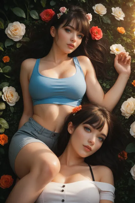  Sexy girl with grunge style black hair and bangs,  blue eyes,   professional photo , In a garden with her friend brown hair with volume, 2 girls,  sunset, Crop Top azul, lying down, flower in the hair