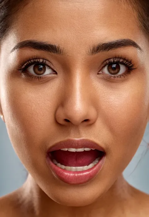 Ultra detailed photo of malay woman, beautiful girl, highest quality realistic skin, eyes in focus, 45 years old, focus on mouth, open mouth, saliva, open mouth wide, inside of mouth visible, ponytail hair, mouth open wide, uvula visible, mouth open wide y...