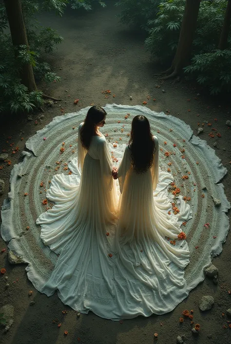 Mother and daughter are engaged in the ritual. The circle drawn on the ground around them is broken in places. This is shown in a top shot