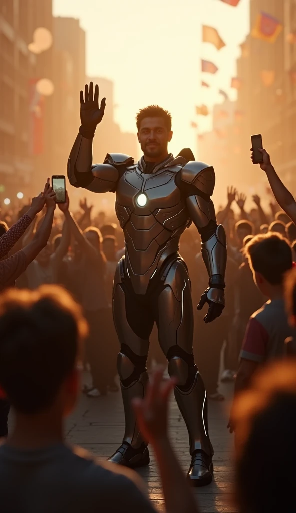 Create an ultra-realistic cinematic scene of a hero standing among a cheering crowd in the center of a city square during the early morning. The scene captures a moment of confidence, admiration, and gratitude, with Hollywood-style direction, full of dynam...