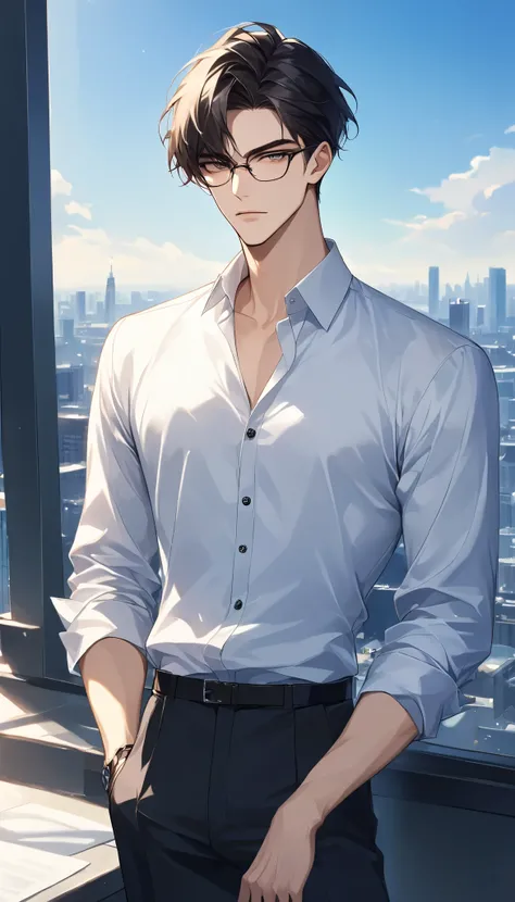 (score_9, score_8_up), A handsome young man in his early 20s with a sharp, intellectual presence. He has neatly styled dark hair, well-groomed facial features, and wears rectangular, thin-framed glasses that reflect his pragmatic and realistic outlook on l...