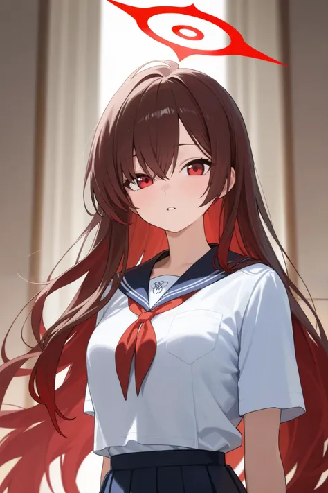 1 girl, Hair length reaches the back, Brown hair and red hair on the edges of the hair, red eyes, but not bright, wear a school outfit, หน้าอกไซส์ปานกลาง, have a red halo