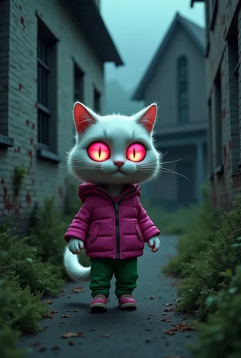 Generate a high quality 3D image:A white cat wear pink jacket and green pant and his eyes was red in colour and is walking at outside of  the horror house at night 