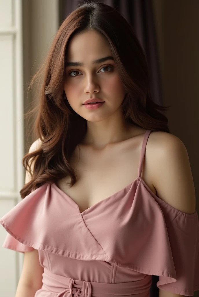 A young woman with pale skin and striking features, her beautiful face accentuated by pink lips, poses in a bold composition. She wears a long dress that emphasize her hourglass figure, particularly her impressive bust. The scene is illuminated with soft, ...