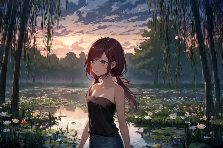 score_9, score_8_up, score_7_up, 1girl, solo, close up, back view, walking under willow trees, low twin tails, gray eyes, dark red hair,  (((long swept bangs))), thin, close up, small breasts, (((strapless))), ((strapless loose sleeveless shirt, black shir...