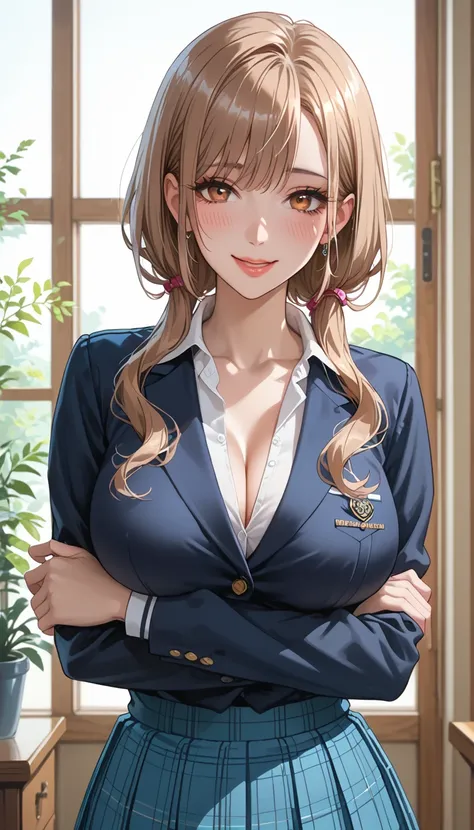  score_8_up, score_7_up, score_6_up, score_4,source_anime,masterpiece,best quality,beautiful detailed eyes, pale brown eyes ,beautiful detailed lips, extremely detailed eyes and face, long breasts, 1 woman,shy, Smile, school uniform, large breasts, tight w...