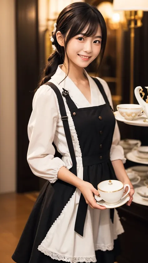 A 25yo Japanese woman wearing a classic black-and-white maid outfit , gracefully carrying a teacup . The background is a luxurious European-style interior with soft lighting . Her smile is pure, and her hair is neatly tied up .