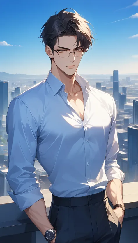 (score_9, score_8_up), A handsome mature man in his mid 20s with a sharp, intellectual presence. He has neatly styled dark hair, well-groomed facial features, and wears rectangular, thin-framed glasses that reflect his pragmatic and realistic outlook on li...