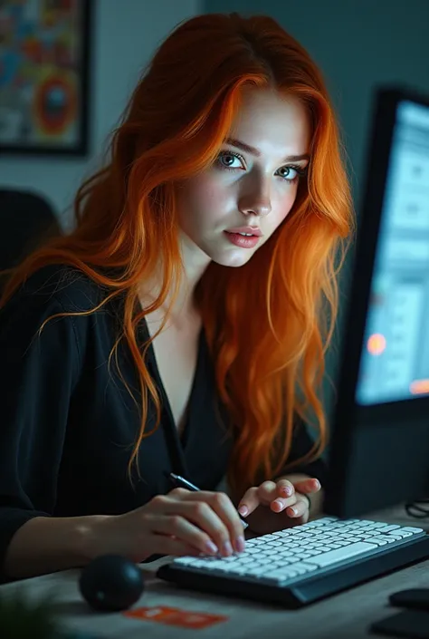 Sexy copper-haired girl sitting at the computer 