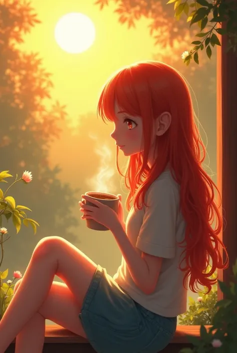 A young red-haired girl with long hair ,  drinking coffee, looking at the sun