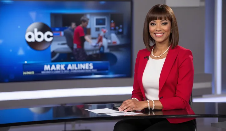 Writing letter "ABC News", with ABC TV logo mark, left upper screen, Side view, Full body, left sitting on chair, hands clasped together ,right big TV monitor in ABC NEWS, talking news, female news anchor, 1 beautiful American Black women ,25-age, (...