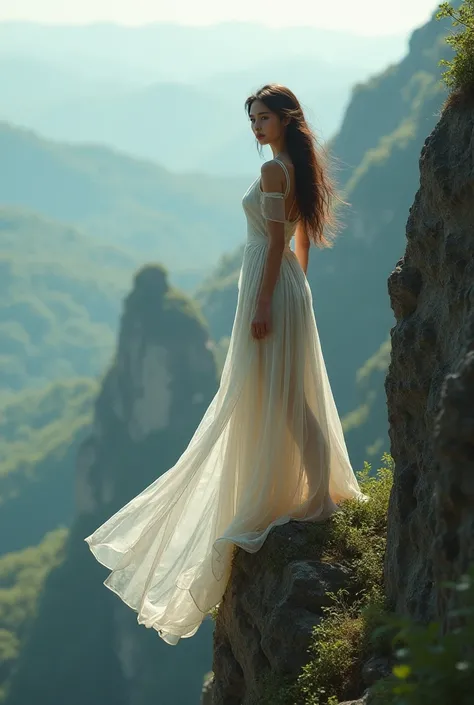 Beautiful woman, standing on the edge of a cliff, looking over her shoulder, wearing a flowy white dress