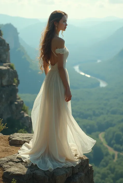 Beautiful woman, standing on the edge of a cliff, looking over her shoulder, wearing a flowy white dress