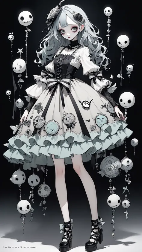 Tim Burton style 、 character design、Pale colors、