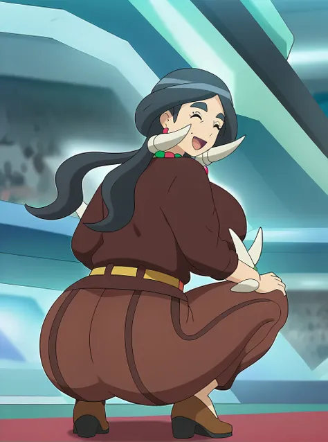 masterpiece,score_9, score_8_ up, score_7_ up, ANIMATION SCREENSHOTS,Drasna,eyes closed,black hair,open mouth,huge juicy breasts,mature woman,necklace,Yellow Belt, Vertical striped skirt, Brown shirt, Long Sleeve,thick eyebrows,alone, smile,big ass,whole b...