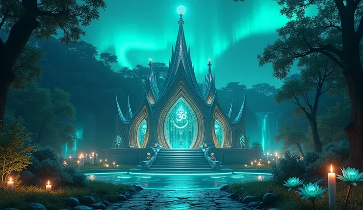 Fantasy temple with peaked towers made of turquoise-colored glass,  turquoise tone rainbow-colored fluorescent waves rolling through the forest {x} the temple has 3 small balls of precious turquoise light on the top,  at night,  clear sky  con la  turquois...