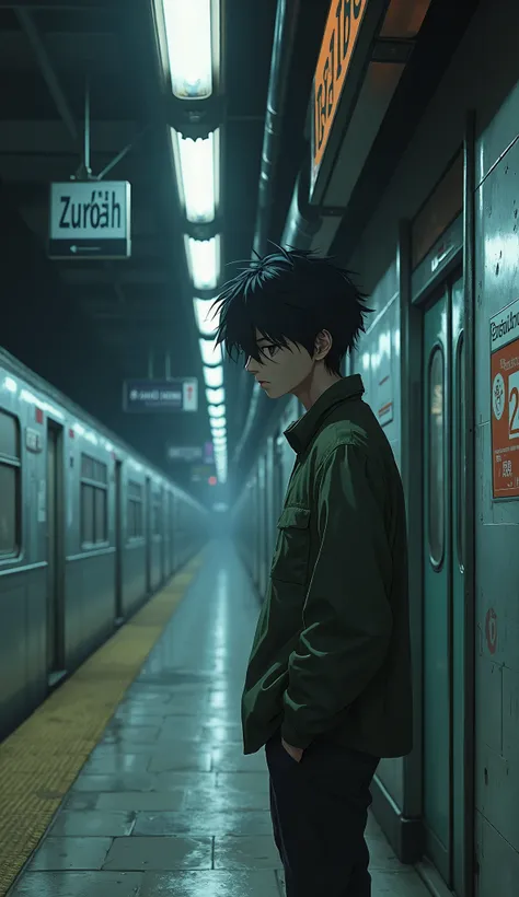 A visually striking anime-style artwork of a 22-year-old male character standing in a dimly lit subway station. The environment is inspired by a real-world subway platform, with overhead fluorescent lights casting a cool, neutral glow rather than an overly...